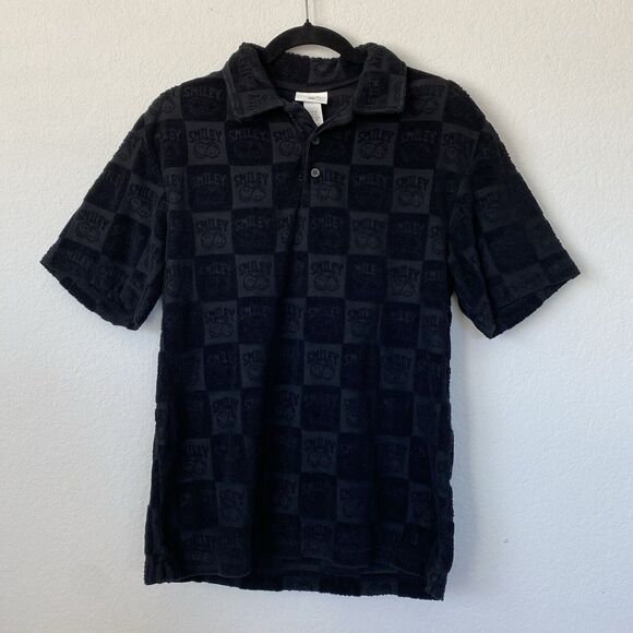Smiley + H&M Polo Shirt Mens Black Embossed Textured Print AOP Y2K Style Size XS - Picture 1 of 9